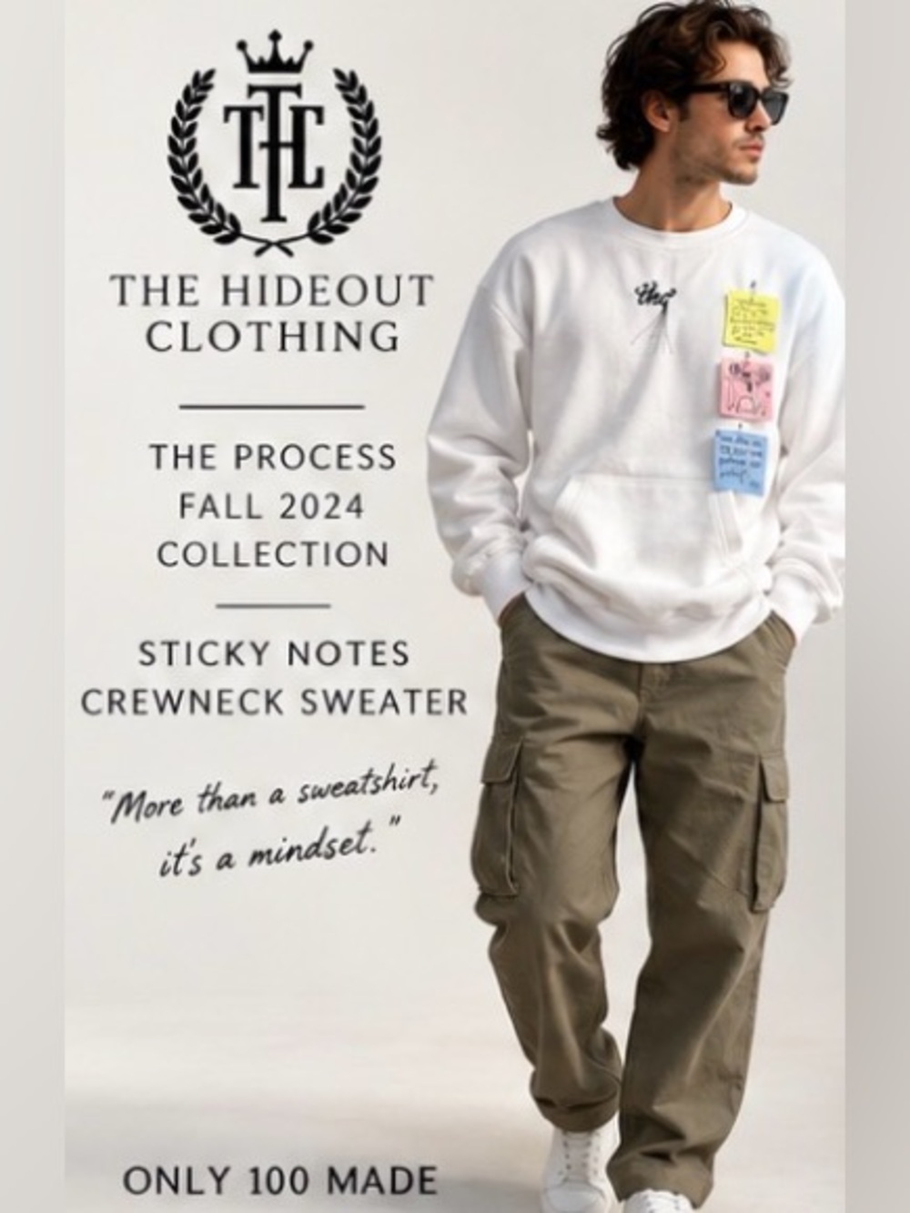 The Hideout Clothing THC Sticky Notes Crewneck White M NWT Limited 100 Made